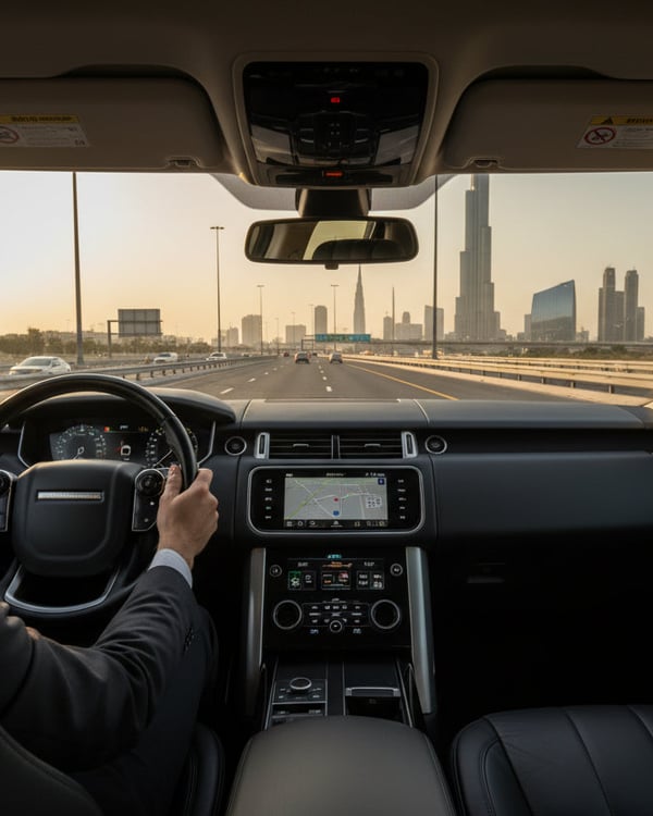 Inspector driving SUV on wide Dubai highway, hands at ten and two, Burj Khalifa skyline ahead, golden hour warm light, dashboard gauges visible