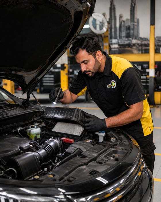 AutoFay inspector performing under the hood engine bay inspection in UAE
