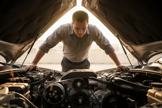 Inspector standing over open hood looking down at engine bay, both hands on fender, all components visible, Dubai morning sun casting into engine bay