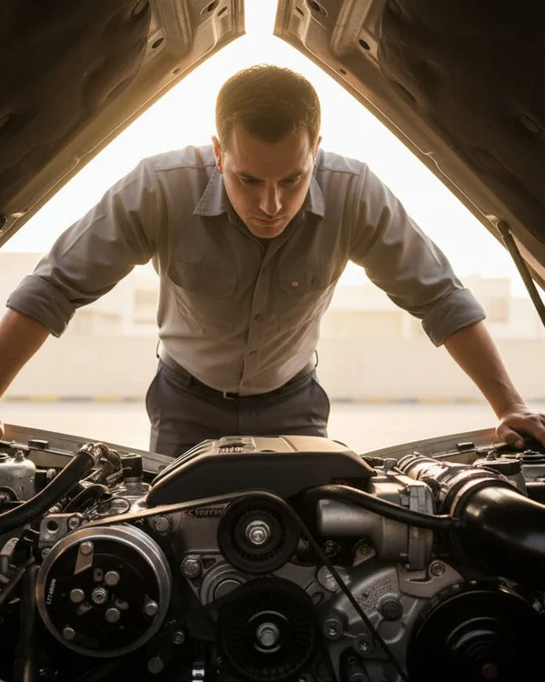 Inspector standing over open hood looking down at engine bay, both hands on fender, all components visible, Dubai morning sun casting into engine bay