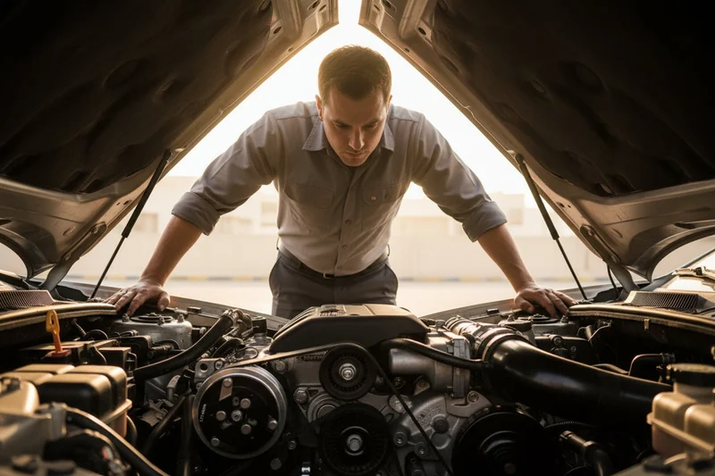 Inspector standing over open hood looking down at engine bay, both hands on fender, all components visible, Dubai morning sun casting into engine bay