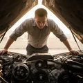 Inspector standing over open hood looking down at engine bay, both hands on fender, all components visible, Dubai morning sun casting into engine bay