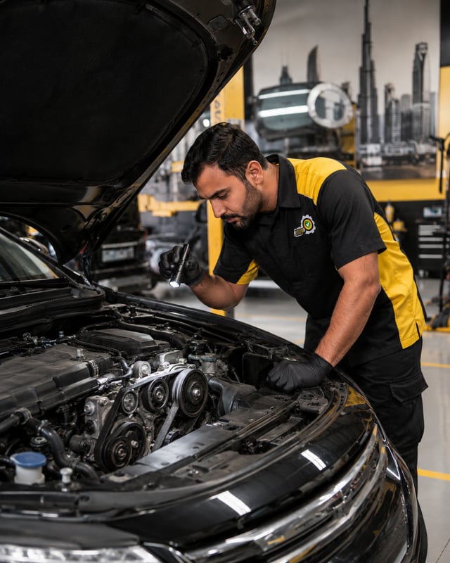 AutoFay technician checking car battery terminals and electrical connections under the hood in UAE