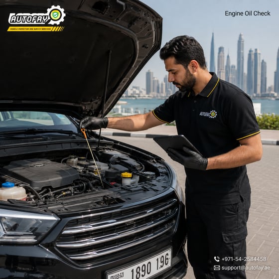 AUTOFAY inspector checking coolant and brake fluid levels during vehicle fluids inspection in UAE