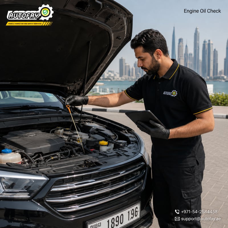 AUTOFAY inspector checking coolant and brake fluid levels during vehicle fluids inspection in UAE