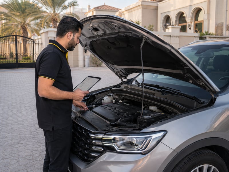 Autofay technician checking engine idle quality and operation under the hood during inspection in UAE