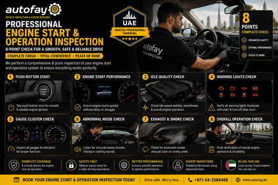 Autofay inspector testing push button start and engine operation during vehicle inspection in UAE
