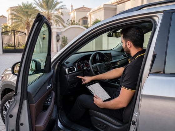 Autofay inspector listening for abnormal engine noises during engine start and operation inspection in UAE