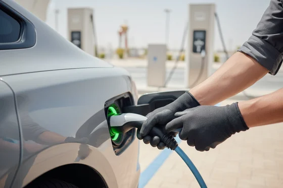 Inspector opening charge port flap on car fender, plugging Type 2 connector in, green LED ring activating, bright outdoor Dubai charging station