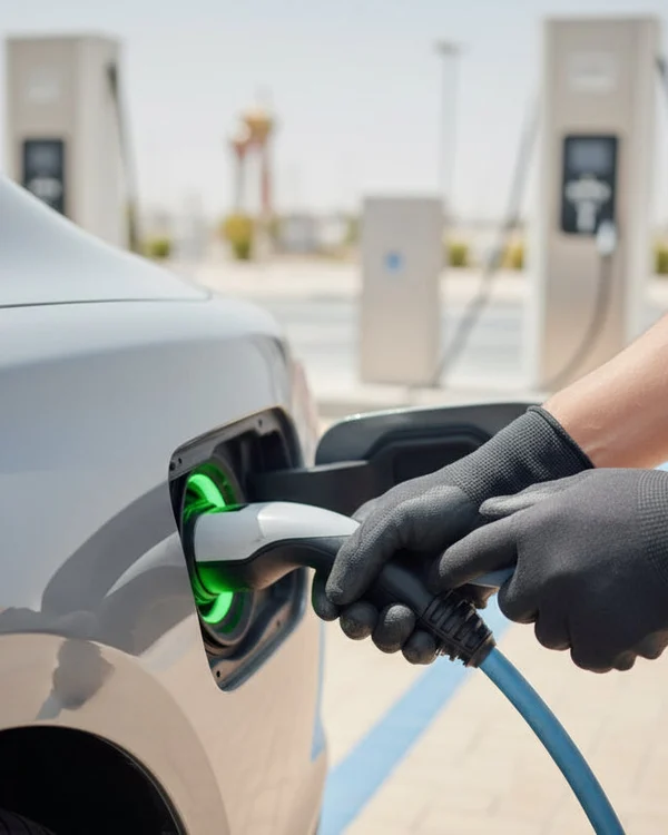 Inspector opening charge port flap on car fender, plugging Type 2 connector in, green LED ring activating, bright outdoor Dubai charging station