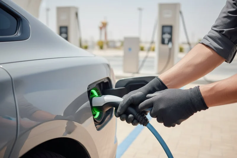 Inspector opening charge port flap on car fender, plugging Type 2 connector in, green LED ring activating, bright outdoor Dubai charging station