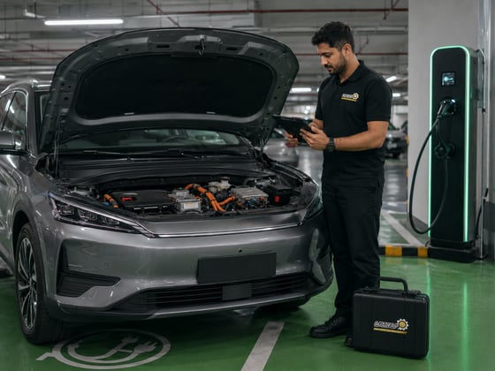 Autofay technician showing EV and hybrid battery health report during vehicle inspection in UAE parking garage