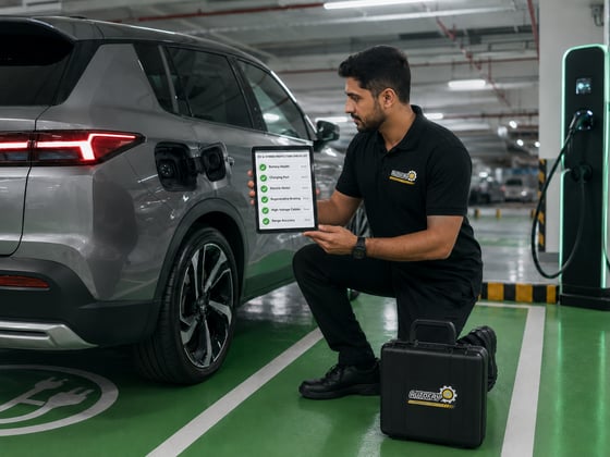 Autofay inspector checking high voltage cables and electric motor during EV hybrid inspection in UAE