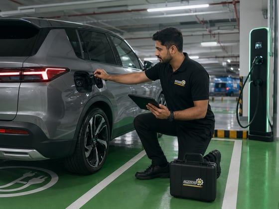 Autofay technician inspecting wheels and regenerative braking system during EV and hybrid vehicle inspection in UAE