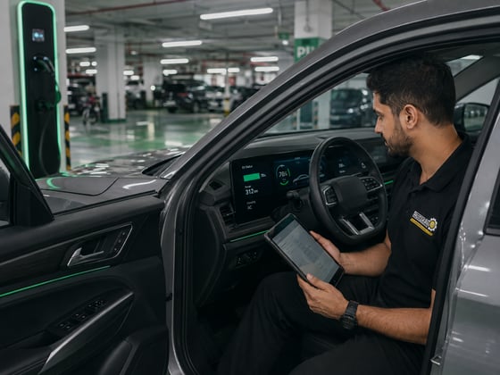 Autofay inspector checking EV charging port during electric and hybrid vehicle inspection in Dubai UAE