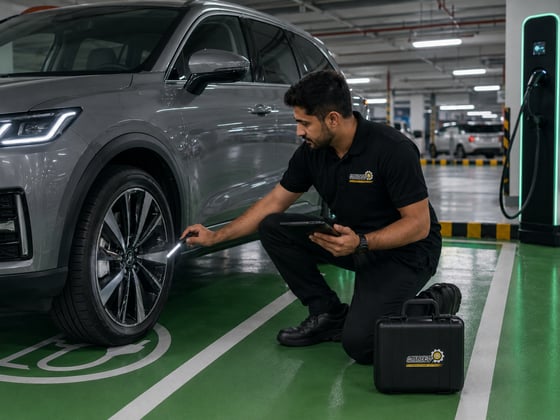 Autofay inspector checking EV range accuracy and dashboard diagnostics during electric vehicle inspection in UAE