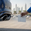 Inspector placing white tissue behind exhaust tip checking for oil residue, engine idling, clean tip visible, Dubai outdoor afternoon sun