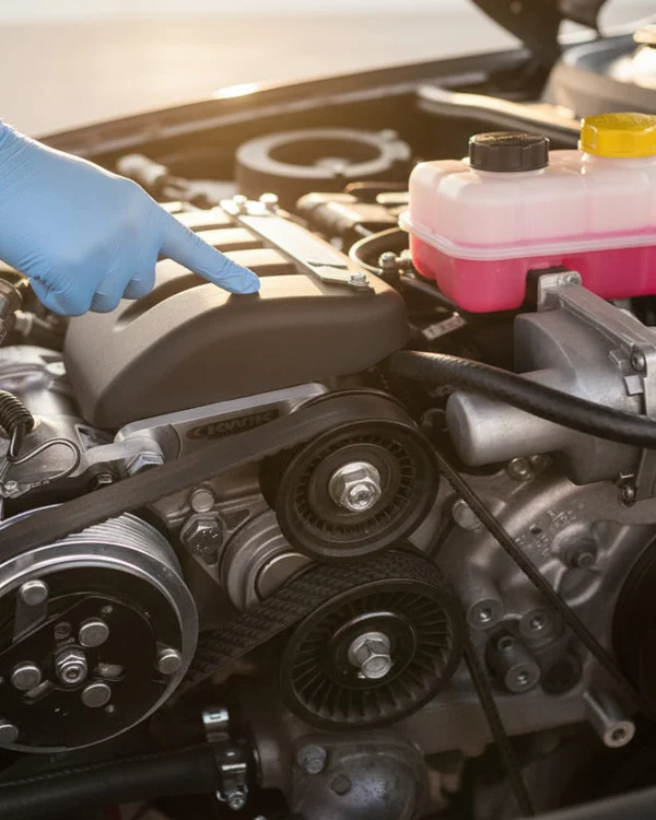 Inspector standing over engine bay pointing at each fluid reservoir, yellow oil cap, pink coolant tank, clear brake fluid bottle all visible, Dubai morning sun lighting everything