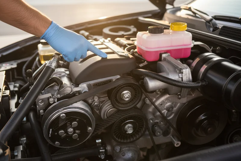 Inspector standing over engine bay pointing at each fluid reservoir, yellow oil cap, pink coolant tank, clear brake fluid bottle all visible, Dubai morning sun lighting everything