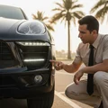 Low angle shot of front bumper, inspector pointing at fog light housing, DRL strip above glowing white, Dubai parking lot morning sun
