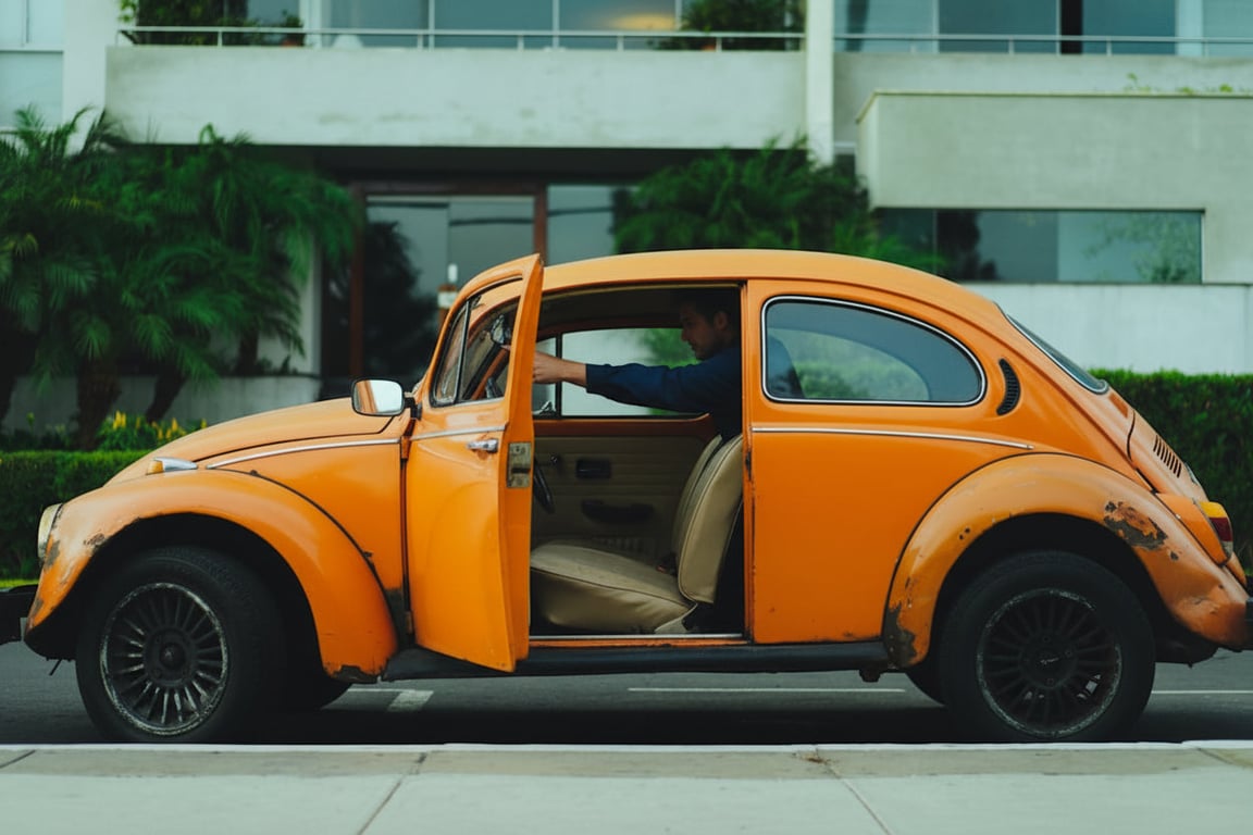 Close-up of steering wheel showing controls and airbag cover, inspector's hands at ten and two, bright interior from open sunroof