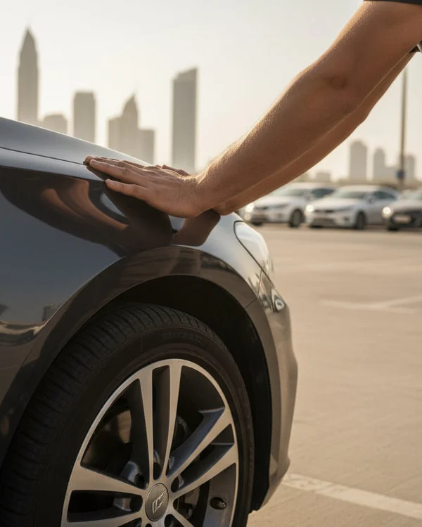 Inspector pushing down hard on front fender doing bounce test, car rocking once and settling, outdoor Dubai parking, bright afternoon sun