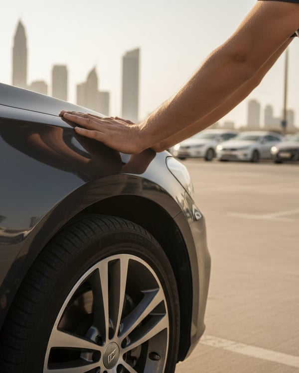 Inspector pushing down hard on front fender doing bounce test, car rocking once and settling, outdoor Dubai parking, bright afternoon sun