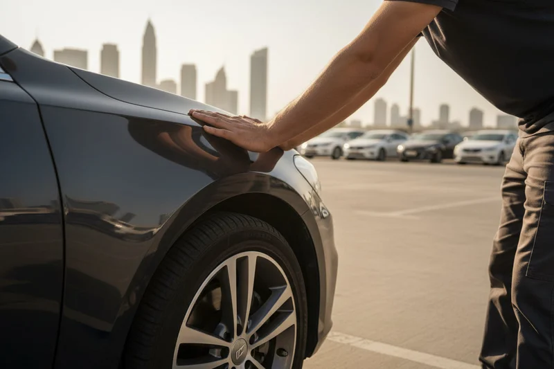 Inspector pushing down hard on front fender doing bounce test, car rocking once and settling, outdoor Dubai parking, bright afternoon sun