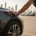 Inspector pushing down hard on front fender doing bounce test, car rocking once and settling, outdoor Dubai parking, bright afternoon sun