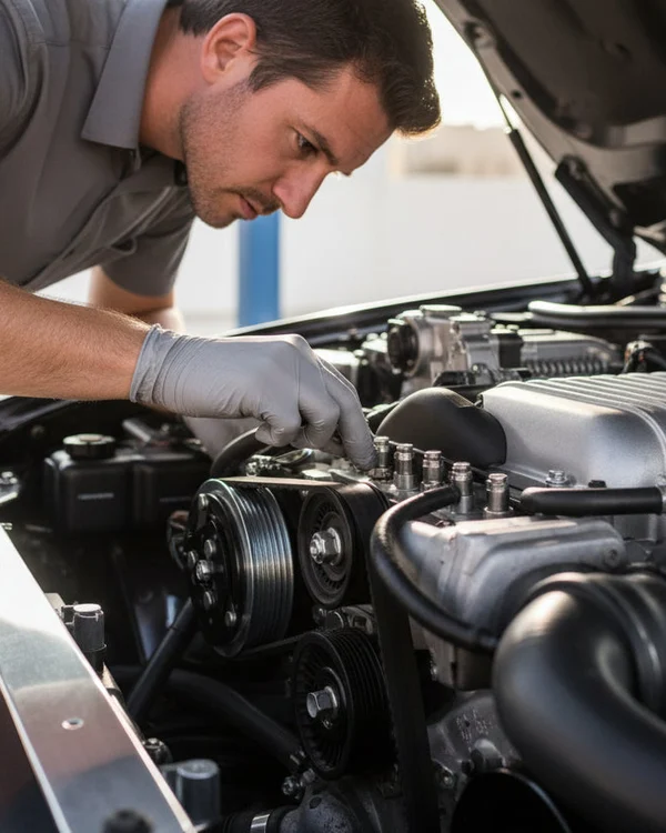 Inspector leaning over fender tracing fuel rail with finger across injector tops, checking for wetness or fuel smell, bright Dubai sun across engine bay