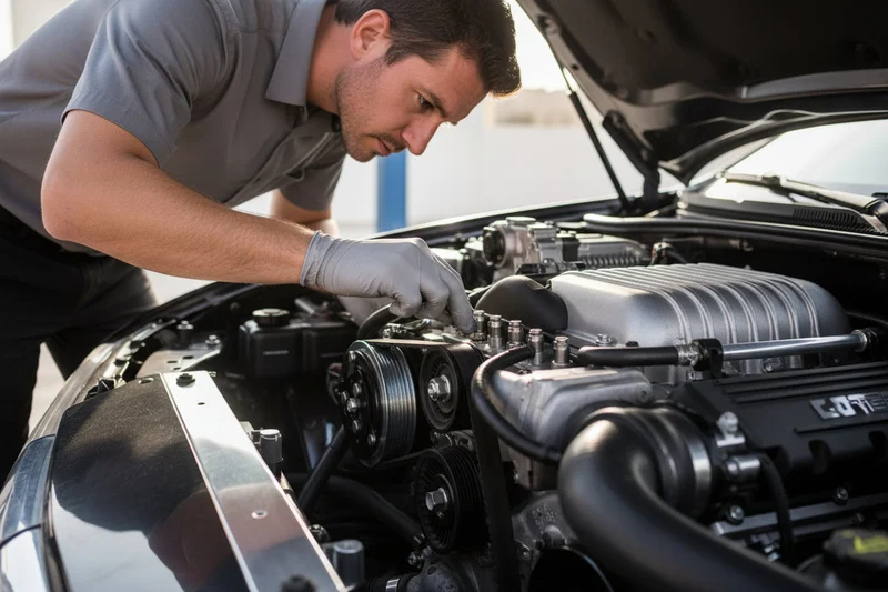 Inspector leaning over fender tracing fuel rail with finger across injector tops, checking for wetness or fuel smell, bright Dubai sun across engine bay