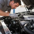 Inspector leaning over fender tracing fuel rail with finger across injector tops, checking for wetness or fuel smell, bright Dubai sun across engine bay