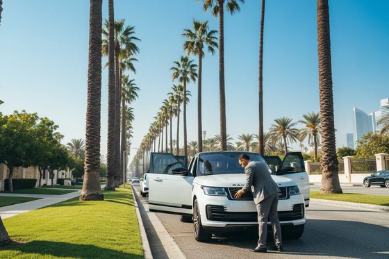 Wide angle from open driver door showing full dashboard, center console and both front seats, bright natural light flooding in, beige leather interior