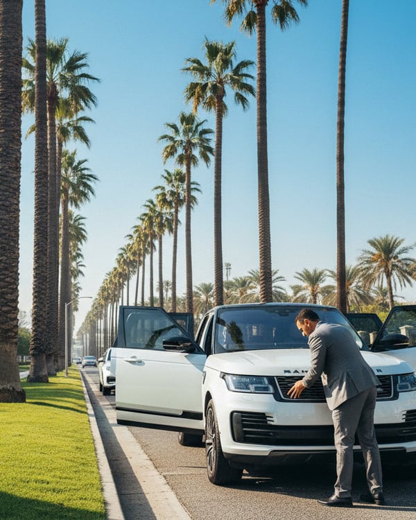 Wide angle from open driver door showing full dashboard, center console and both front seats, bright natural light flooding in, beige leather interior