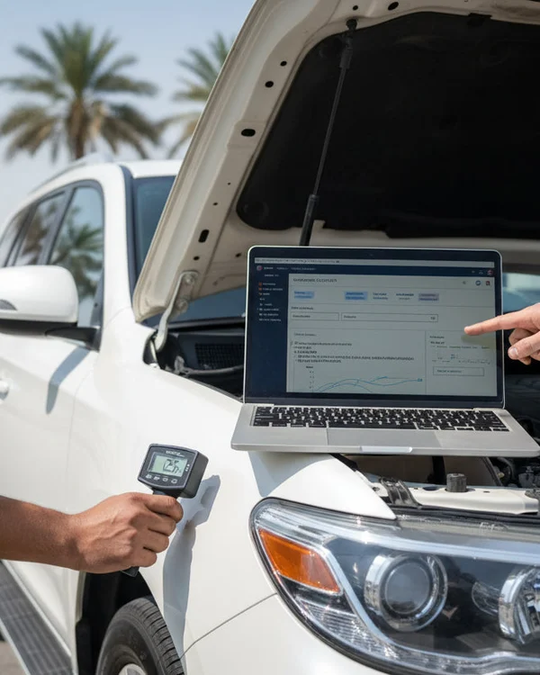 Silver luxury SUV on portable lift outdoors in Dubai, inspector with tablet checking underneath while hood is open showing engine bay, full 360 inspection scene, bright daylight