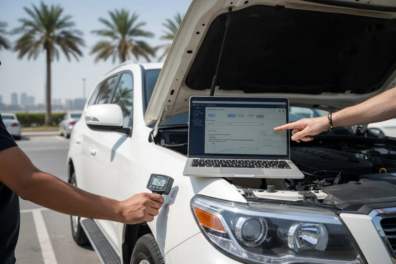 Silver luxury SUV on portable lift outdoors in Dubai, inspector with tablet checking underneath while hood is open showing engine bay, full 360 inspection scene, bright daylight