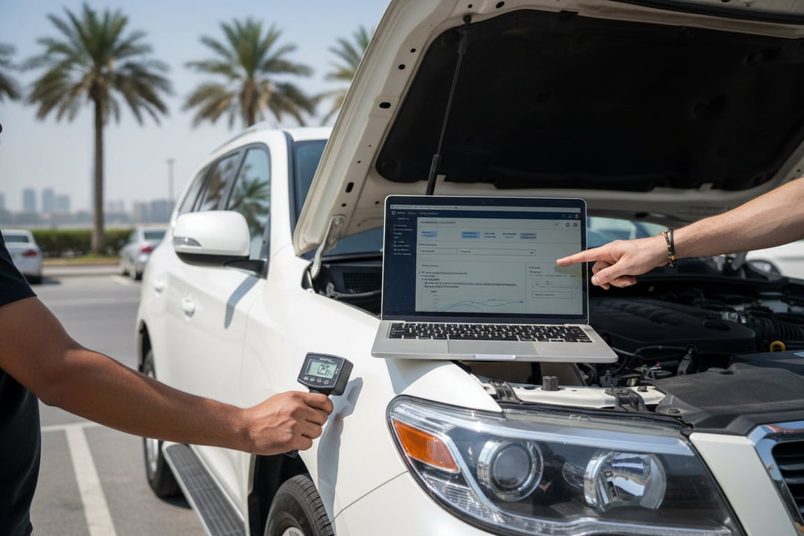 Silver luxury SUV on portable lift outdoors in Dubai, inspector with tablet checking underneath while hood is open showing engine bay, full 360 inspection scene, bright daylight