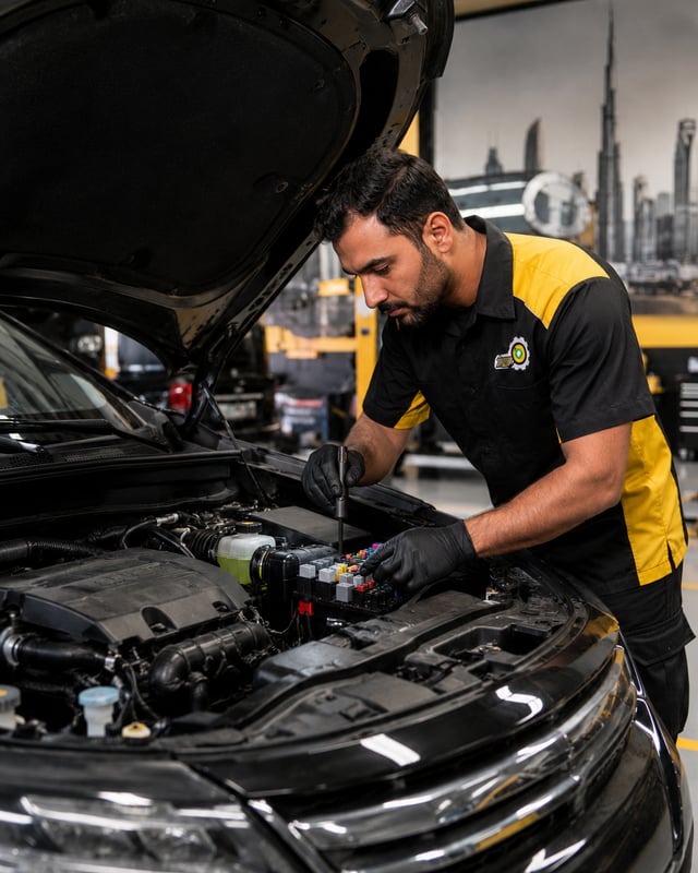 AutoFay inspector checking engine belts and visible engine bay components during car inspection in UAE