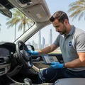 View from passenger side, inspector watching gauge cluster at idle, RPM needle steady, Dubai palm trees through windshield