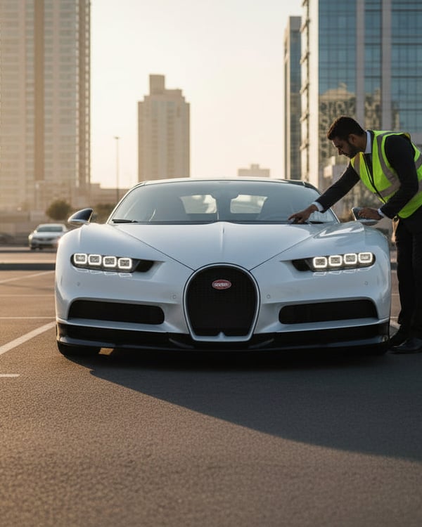 Inspector standing in front of SUV checking both headlights are on, DRL strip glowing, Dubai parking lot, late afternoon sun casting long shadows