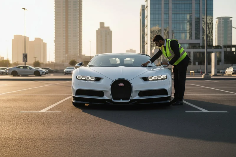 Inspector standing in front of SUV checking both headlights are on, DRL strip glowing, Dubai parking lot, late afternoon sun casting long shadows