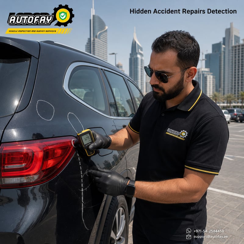 AUTOFAY inspector checking vehicle frame and structural integrity in a UAE city center parking area