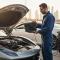 Inspector standing at open hood comparing laptop diagnostic data with engine bay, live sensor readings on screen, car running, outdoor Dubai afternoon sun