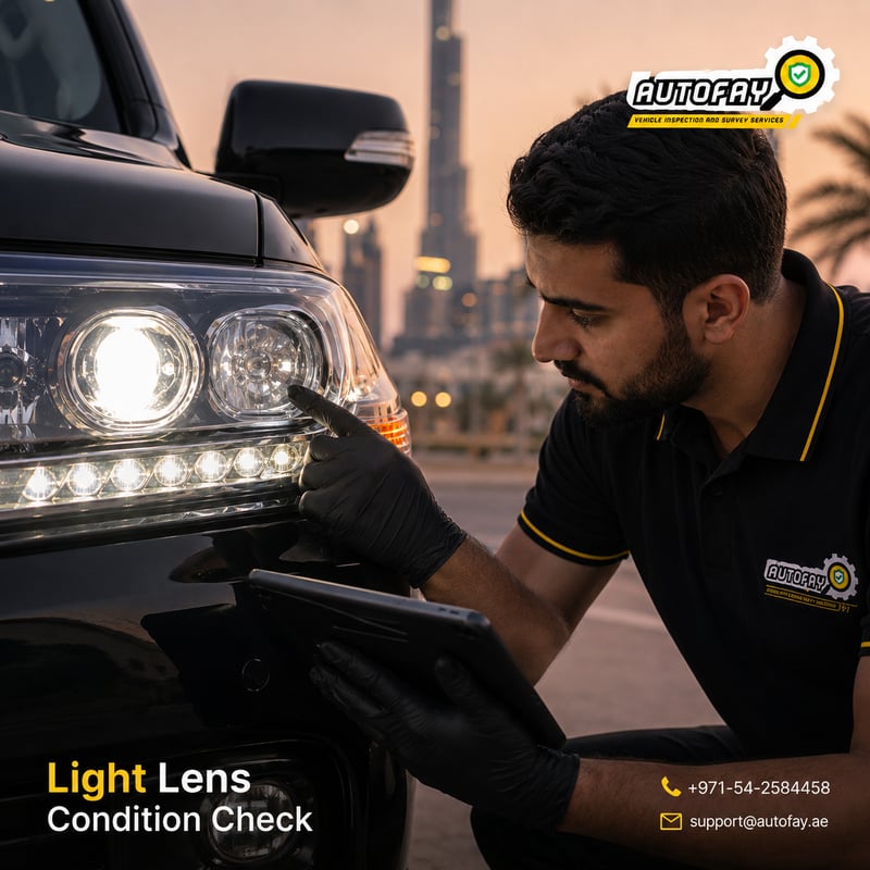 AUTOFAY inspector checking exterior lights on SUV during 17-point vehicle lights inspection in UAE