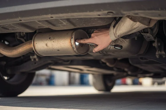 Inspector under rear of car pointing at muffler weld seam, checking for rust holes, exhaust pipe running forward, bright Dubai outdoor daylight