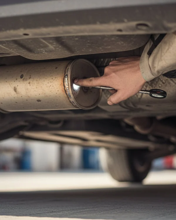 Inspector under rear of car pointing at muffler weld seam, checking for rust holes, exhaust pipe running forward, bright Dubai outdoor daylight