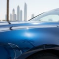 Inspector crouching at front wheel with brake caliper visible, tire gauge in pocket, paint meter clipped to belt, multiple inspection tools ready, bright outdoor Dubai