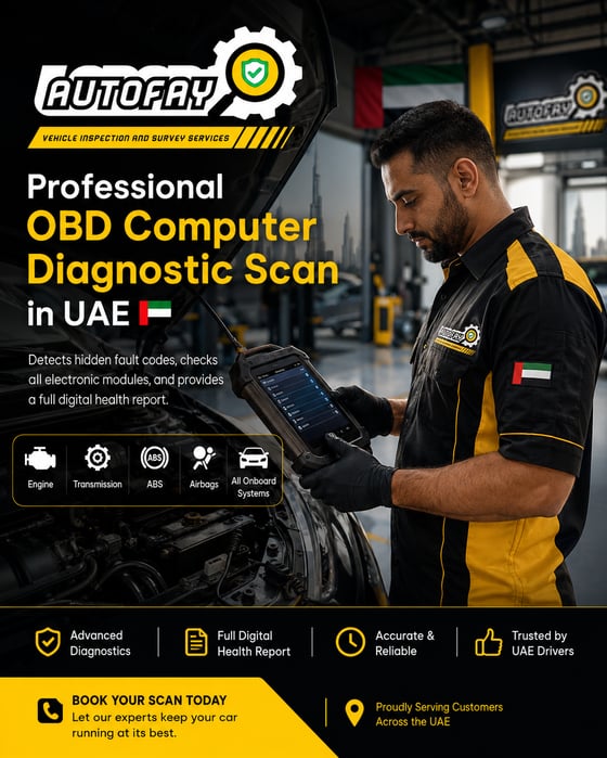 Autofay vehicle inspector checking a car with an OBD diagnostic scanner in a UAE inspection workshop