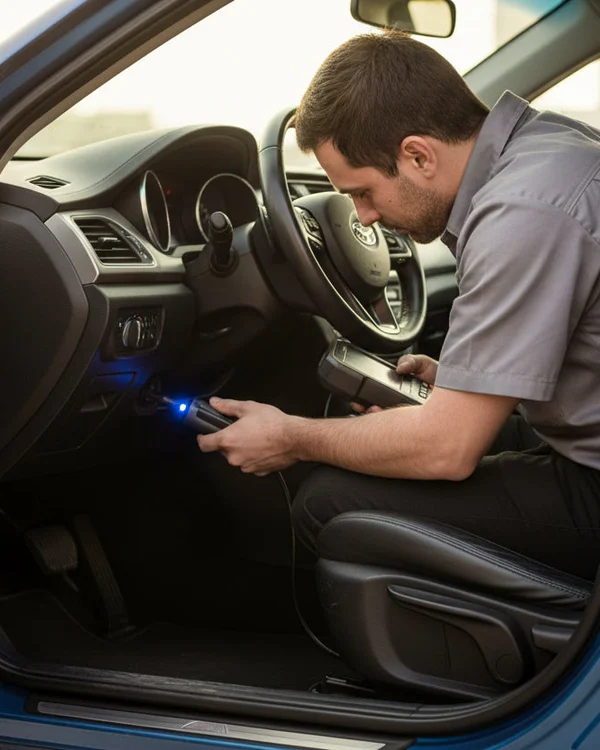 Inspector kneeling at open driver door plugging OBD scanner cable into port under steering column, blue LED on connector glowing, bright Dubai daylight flooding cabin