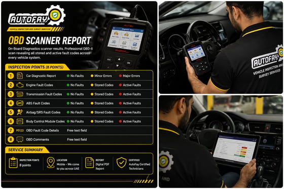 AutoFay vehicle inspector performing an OBD diagnostic scan inside a car in UAE